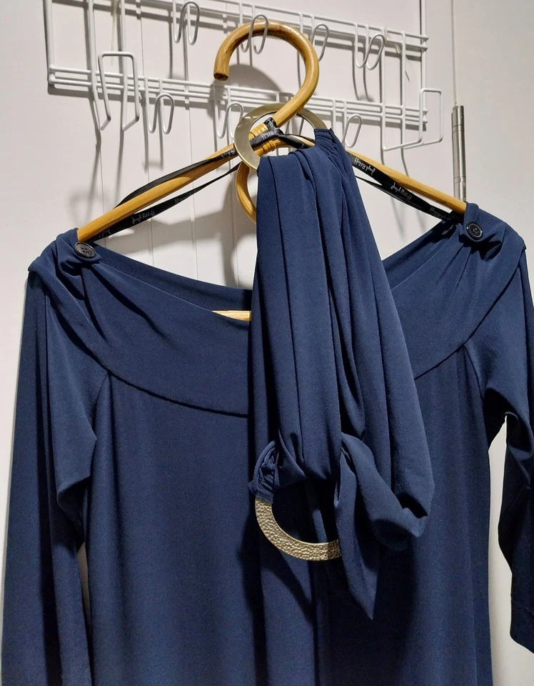 Joseph Ribkoff navy dress with belt 3/4 sleeve jersey stretch modified cocktail - Image 4 of 4