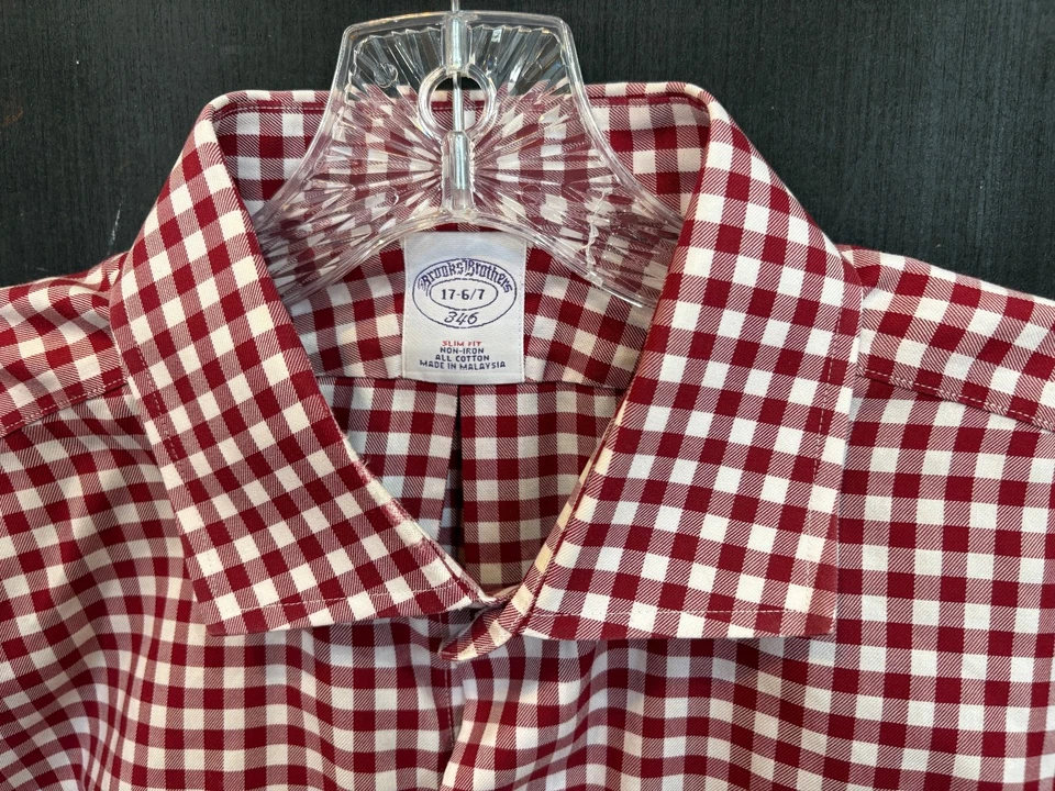 Brooks Brothers Dress Shirt Mens 17 - 36/37 Slim Fit Red Check Non-Iron - Image 3 of 4