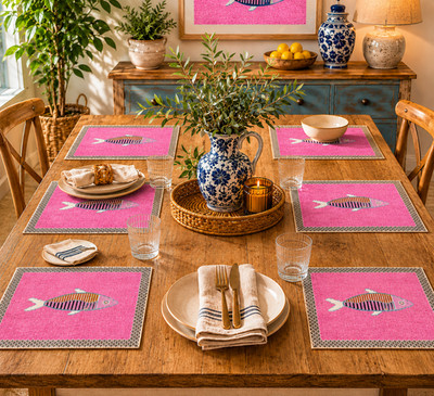Pink  Fish Design Placemats Set of 6 Handmade Dining Table Mats Coastal Decor