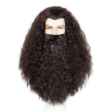 Men's Brown Curly Wig and Beard Long Wavy Wigs with Mustache for Halloween Co...
