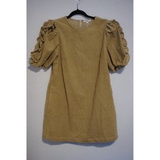 GeeGee Corduroy Ruffle Puff Sleeve Mini Dress Mustard Tan Small MD50773