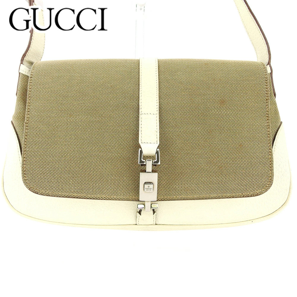 GUCCI Vintage Jackie One-Shoulder Canvas Leather Bag Beige Silver HW
