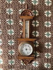 Antique Aneroid Barometer & Thermometer Fahrenheit & Centigrade Oak Case 22 1/2”