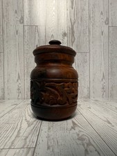 Vintage Hand Carved Wooden Jar With Lid Floral Pattern