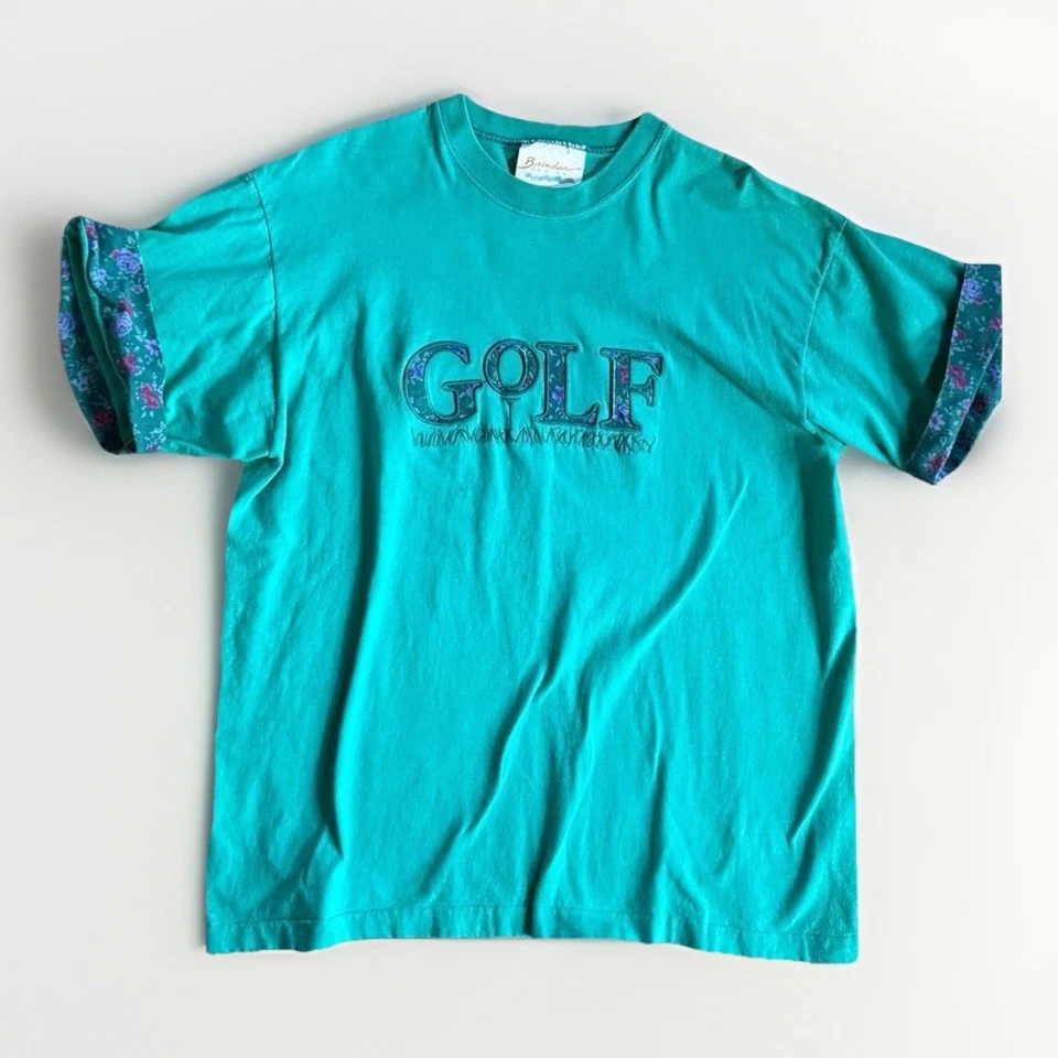 Camiseta Grandma Core GOLF Bordada Acolchada Verde Azulado Púrpura Floral Gráfico Fuente L Foto 3 de 4