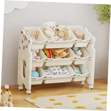 Cat Pattern Toy Storage Organizer with 9 Toy Bins for Kids Organizer, Rolling 