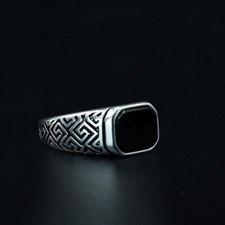 Men's Geometric Carved Design 925 Sterling Silver Black Onyx Gemstone Ring