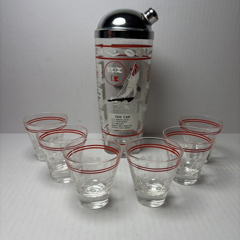 Hazel-Atlas Glass Cocktail Shaker & 6 Glasses Vintage Sports and Nautical Themed