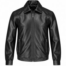 Men's Black 100 Real Leather Jacket Classic Shirt Collar Minimalist Zip Jacket
