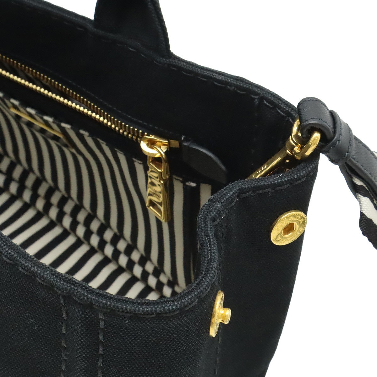 PRADA CANAPA Tote Bag 2WAY Shoulder Bag Stripe Shoulder Crossbody Canvas NERO Bl thumbnail 5