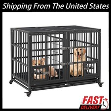 42"Heavy Duty Dog Crate,Large Metal Dog Kennel w/Removable Tray,2 Door Pet Cage