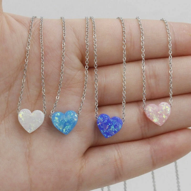 Colar pingente feminino Aolly Fashion 10 mm opala coração de amor pedra preciosa joia - Imagem 2 de 4