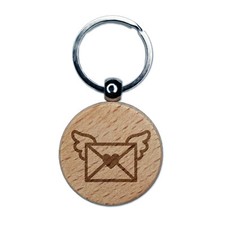 Envelope with Wings Heart Letter Mail Engraved Wood Round Keychain Tag Charm