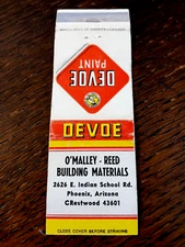 Vintage Matchbook: Devoe Paints, O'Malley-Reed, Phoenix, AZ