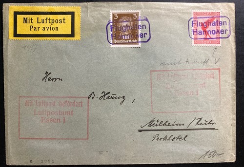 1927 Hannover Germany Early Early Airmail First Flight Cover FFC to Essen