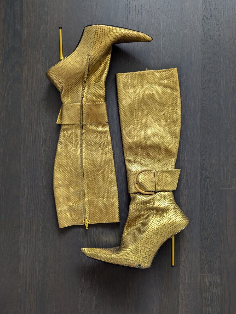 Balenciaga Gold Snake Effect Leather Knee High Essex Boots IT 40