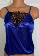 VTG ROYAL BLUE  LIQUID SATIN/SPANDEX  CAMI TOP TANK TEDDY  SILKY  M/L 34-44