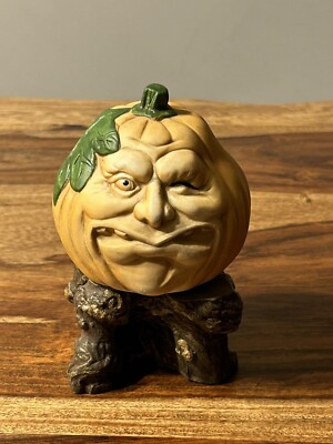 Vtg Halloween Enesco Pumpkin Head on Tree Base Grin Smirk Figure Statue