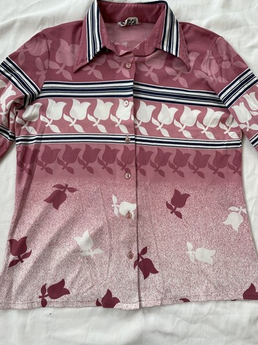 Vintage 70s Pink Polyester Tulip Flower Print Shirt Mod MCM Hippie Disco Trissi - Picture 4 of 12