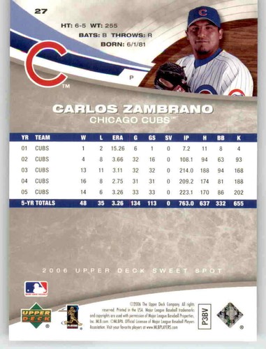 Tarjeta base 2006 Upper Deck Sweet Spot Carlos Zambrano MLB PWE UD Cubs #27 - Imagen 2 de 2