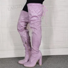 Women Thigh High Boots Faux Suede Thick High Heels Boots Over Knee Side Zip Shoe