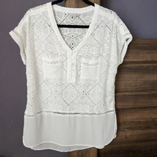 John Mark Floral Embroidery Women S Tunic Top Blouse Short Sleeves White Silk