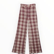 VTG 70s Bell Bottom Disco Pants Flare Plaid Red Small Elastic Waist High Rise