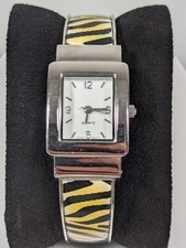 White Dial Silver Tone Rectangle Case Black Yellow Open Cuff Hinge Band Watch