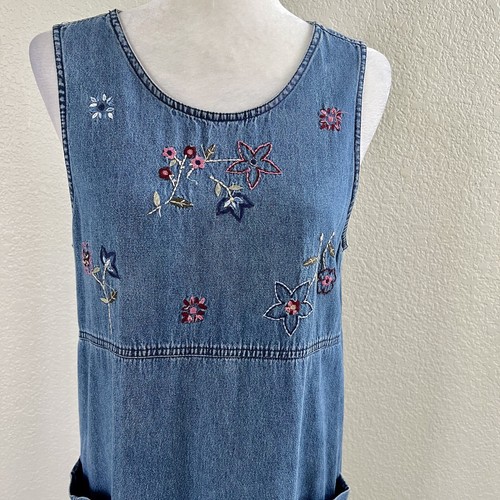 Erika Small Denim Long Midi Dress Modest Sleeveless Floral Embroidery Cotton Vtg - Picture 2 of 13