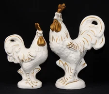 Vintage Pr NORCREST JAPAN Ceramic Rooster & Hen A-185, White & Gold 7.5" EPOC