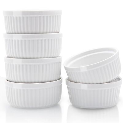 Ceramic Ramekins 8 oz, Set of 6, Elegant Classic Style for Baking Souffles, Crem