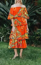 Rhode Resort Lulu Printed Midi Dress Tiered Off Shoulder Spring Red S New 253355