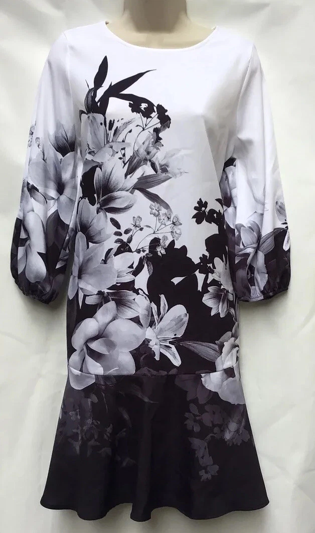 New Lipsy Size 12 Black White Monochrome Floral Print Frill Hem Shift Dress  | eBay