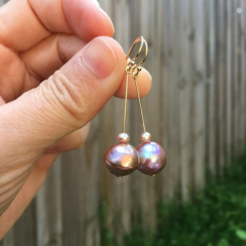 E210 Baroque 11-12mm pearl Natural amazing Gold-Purple 14KGF earring AAAALUSTER  - Picture 11 of 12