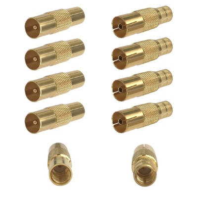 TV 5x Antennenstecker + 5 x Antennenkupplung 9,5mm F-Buchse Koaxialkabel gold 10