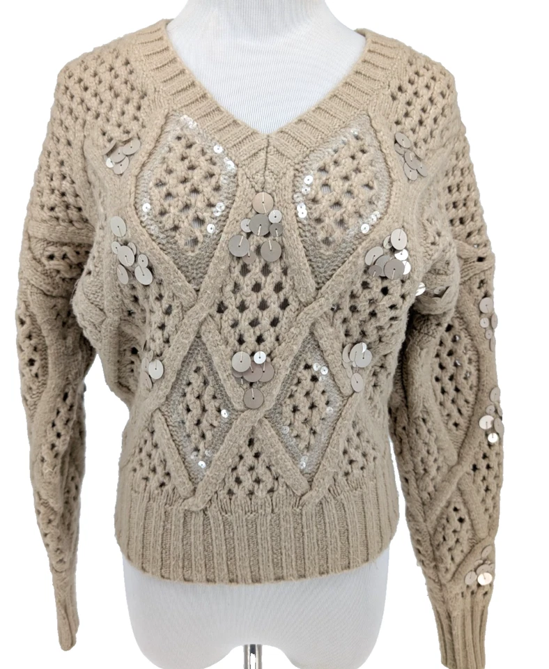 WHBM Sequin Cable Knit Sweater Beige Chunky Embellished Cozy Glam XS Holiday - Image 2 of 4