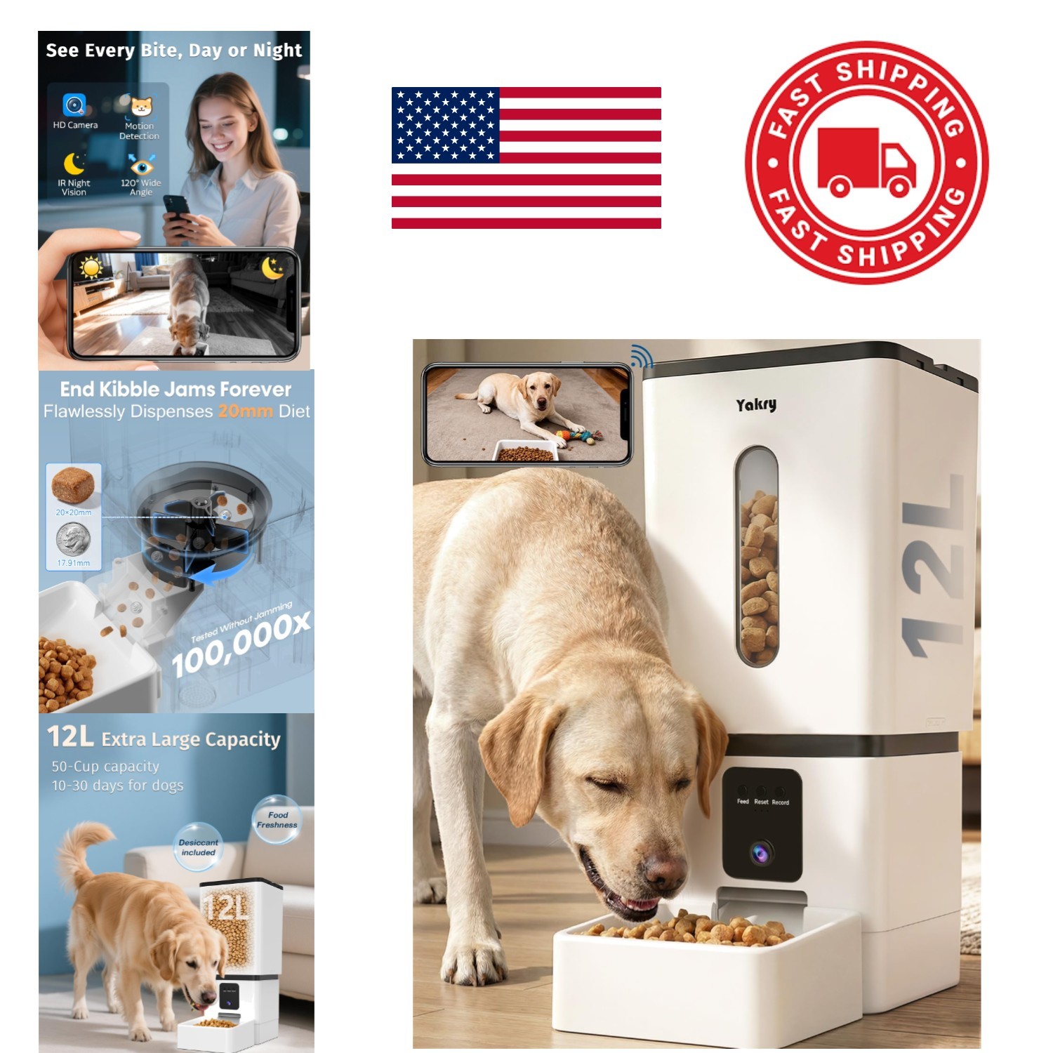 Automatic Dog Feeder with Camera 12L Large Capacity for Multiple Pets