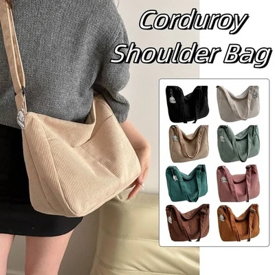 Corduroy Shoulder Bag Women Large Capacity Tote Zipper Casual Stripe - Image 1 of 4