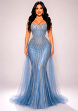 Women's Blue Long Formal Gown Sweetheart Sleeveless Corset Beaded Sequin S