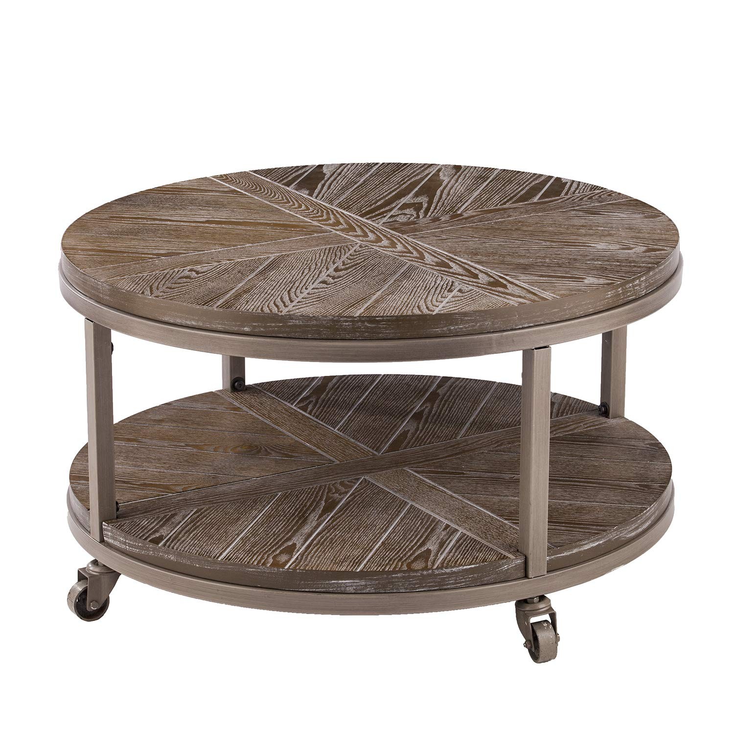 Konya Urban Industrial Round Coffee Table in White Limed Oak or Distressed Gray Finish