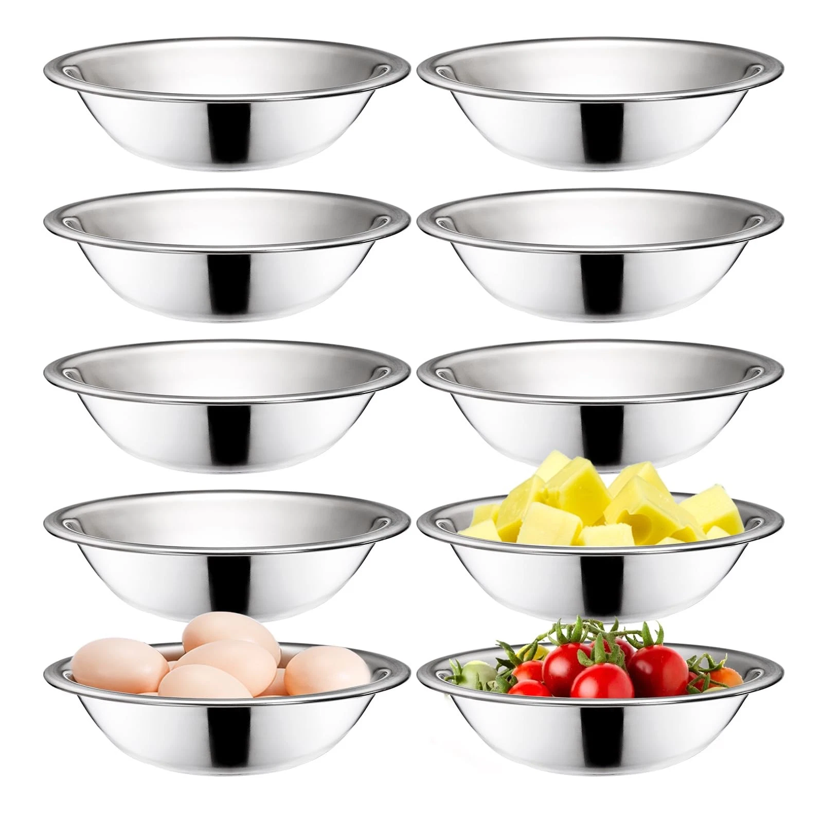 Stainless Steel Bowls 10 PCS 6.5 Inch Wide Flat Base 3/4 Quart Prep