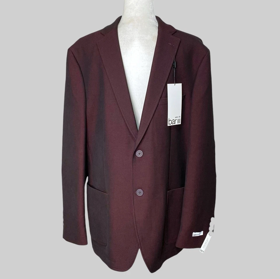 Abrigo deportivo ajustado Bar III para hombre Blazer de vacaciones rojo borgoña 44R nuevo con etiquetas $295 Foto 3 de 4