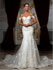Elegant Appliques Wedding Dress Off Shoulder Mermaid Sweep Train Lace Bride Gown