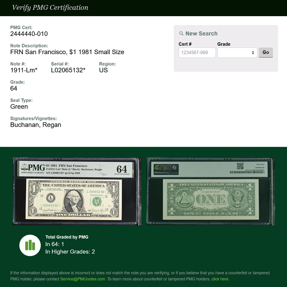 1981 $1 SAN FRANCISCO MULE STAR NOTE PMG 64 640K Print Run Fr 1911-Lm* FRN H/* - Image 3 of 3