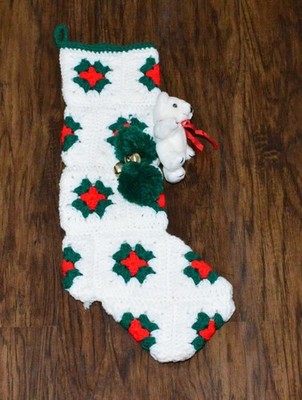 Vintage Handmade Granny Square Crocheted Christmas Stockings Red Green Bell READ