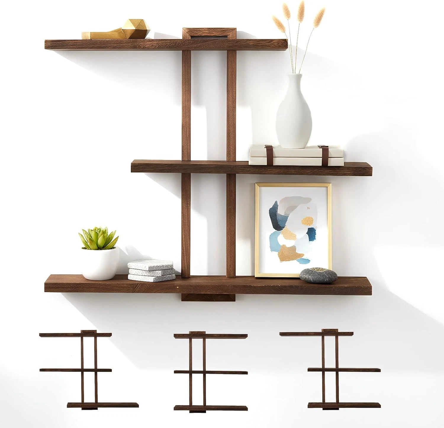 Floating Shelves for Wall, 3 Tier Oak Frame, Wall Mounted Storage Shelf