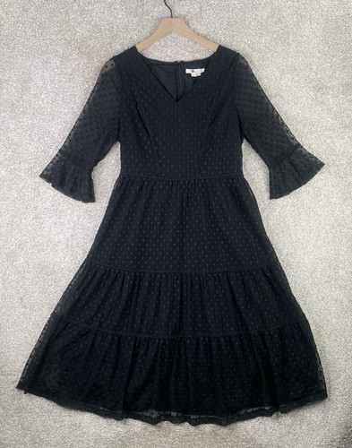 Boden Rosanna Dress Women's 10R Polka Dot Embroidered Black Lace Tea Bell Sleeve - Picture 3 of 10