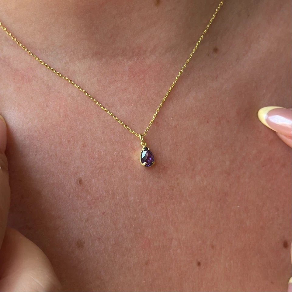 Collar lágrima amatista creado en laboratorio de oro de 14k piedras preciosas púrpuras piedras de nacimiento regalos Foto 2 de 4