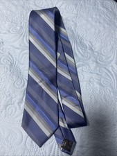 Calvin Klein Men's Tie Necktie Striped Blue and Gray 100% Silk Made In USA(A35)