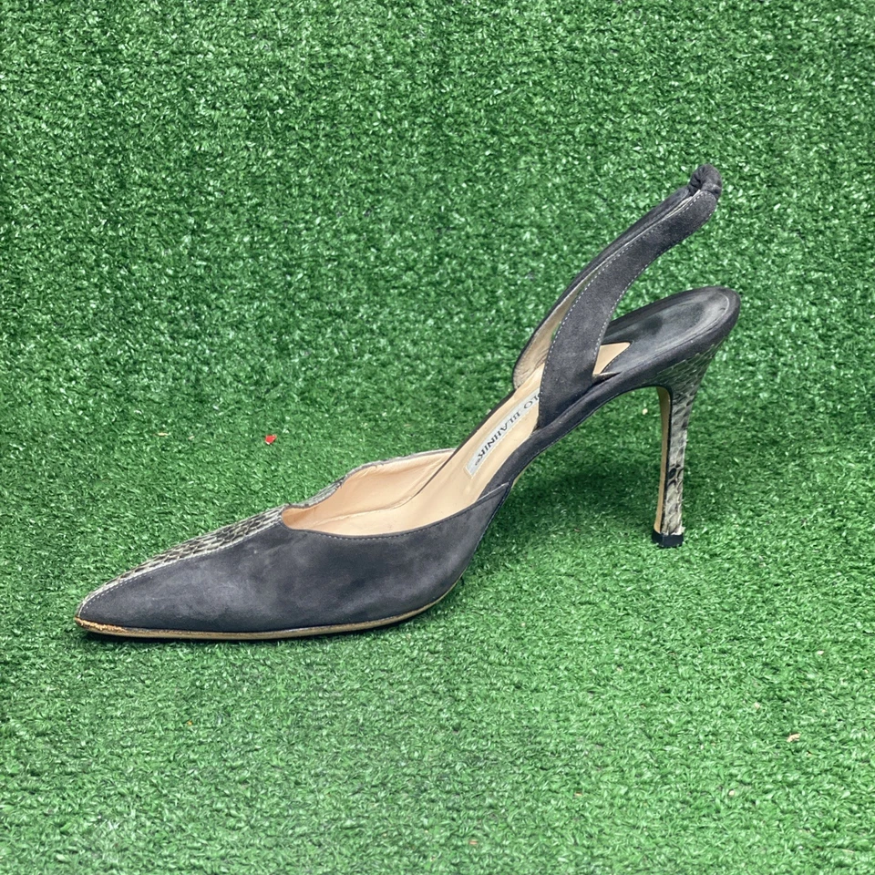 Manolo Blahnik Snake Skin / Gray Suede Slingback 3” Heels Size 10 M Italy Made - Image 2 of 4